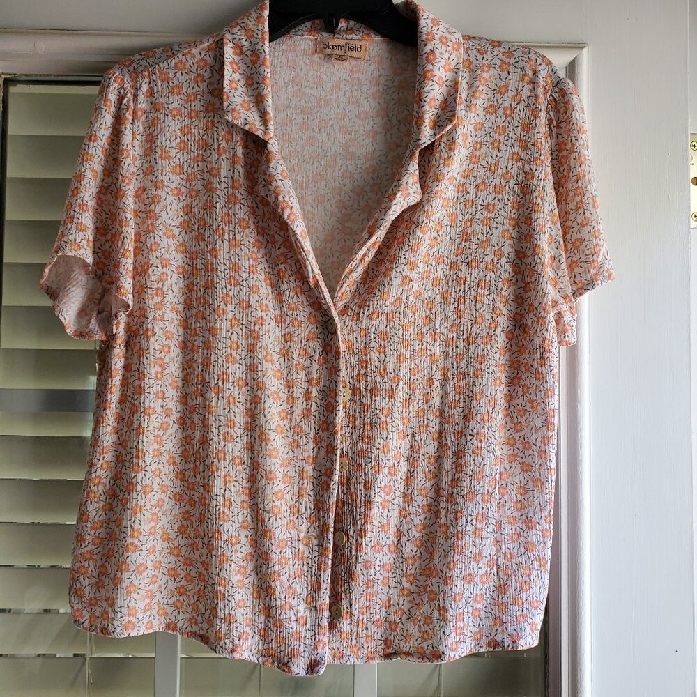 Bloomfield Button Front Collared Orange Floral Short Sleeve Top | Size XL